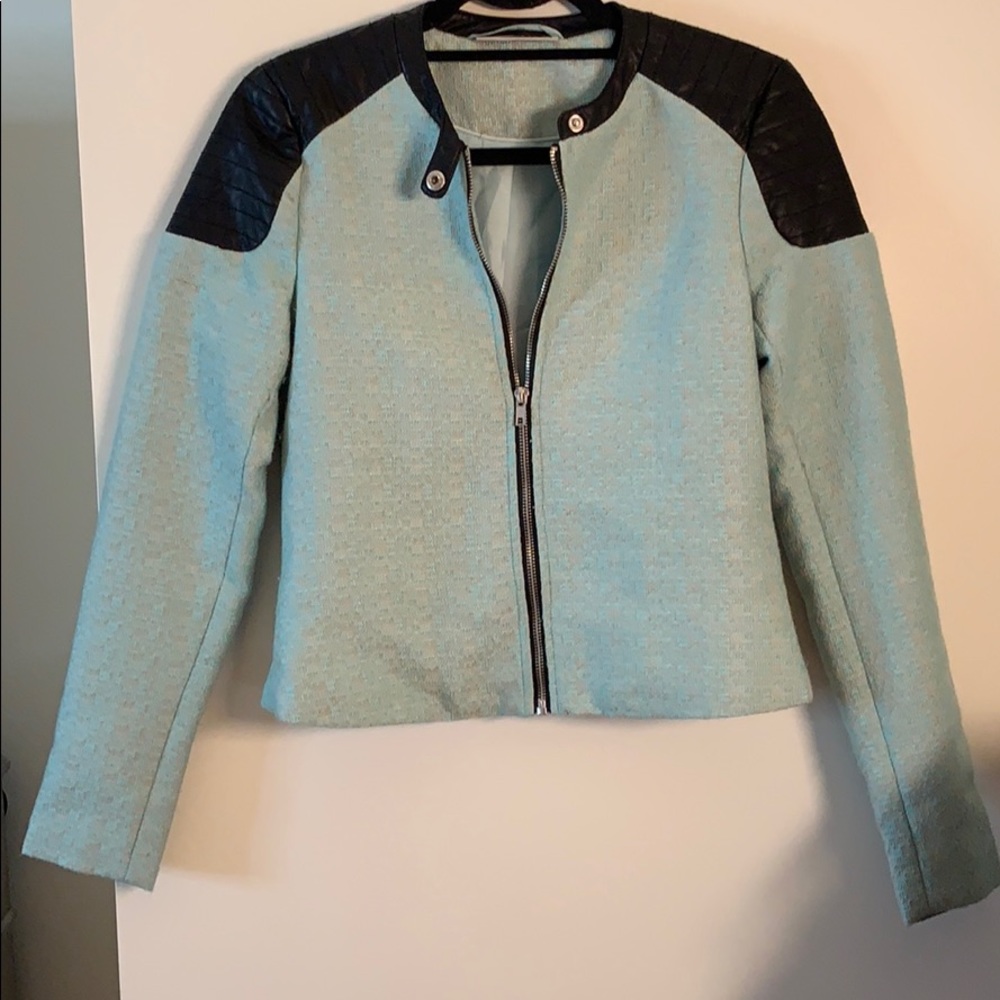 Blue Tweed look jacket with black leather detail